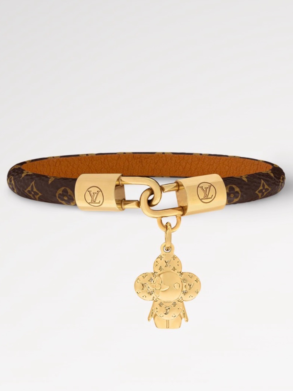 Louis Vuitton Brown Monogram Leather Bracelet with Gold Monogram Charm